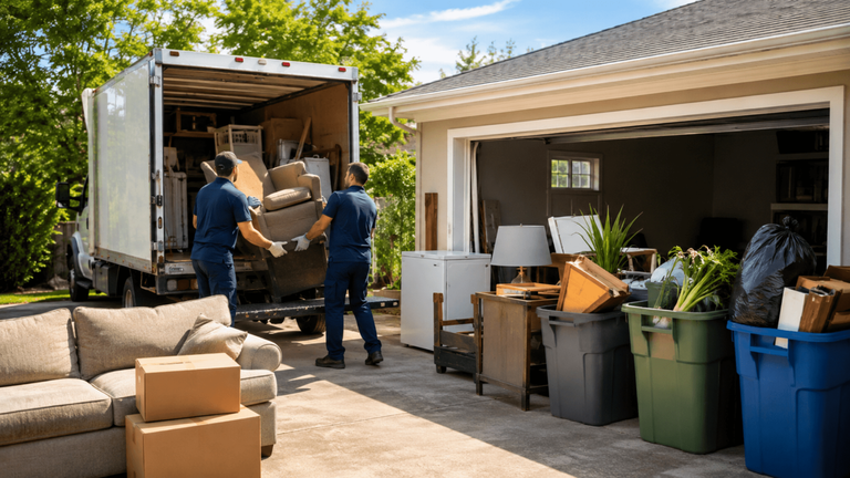 Professional junk removal service loading household furniture and appliances into a truck at a residential property